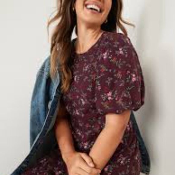 Old Navy Maxi Shift Dress Size 3X Puff Sleeve Floral Plum Lightweight So… - Picture 2 of 11